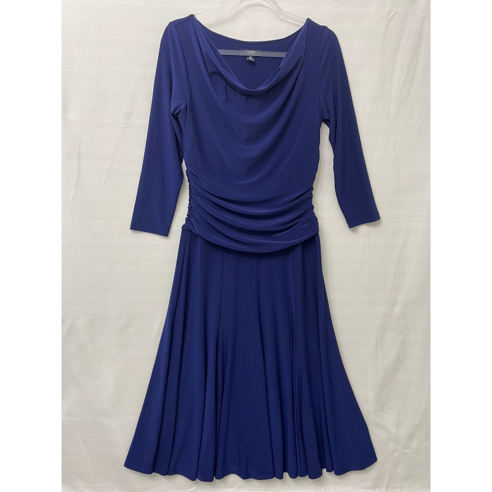 Chaps Cowl Neck Ruched Dress Medium Blue 3/4 Sleeve Knit A-Line Midi Feminine
